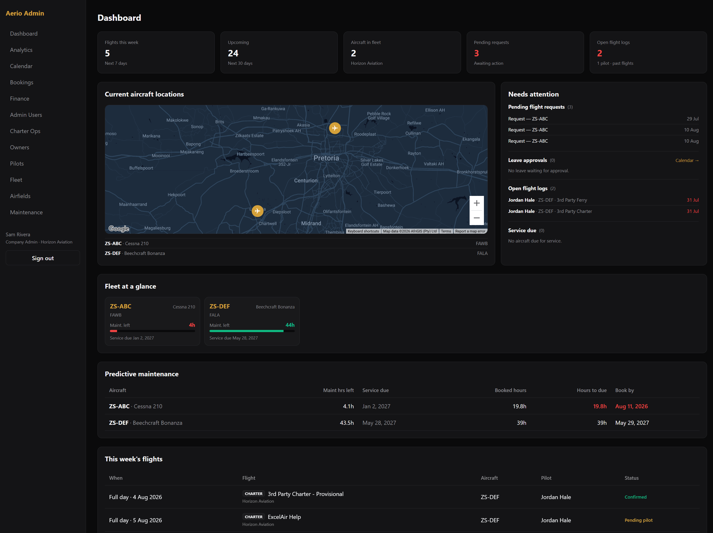 Aerio operator console dashboard: fleet counts, live aircraft locations on a map, a needs-attention queue, and predictive maintenance