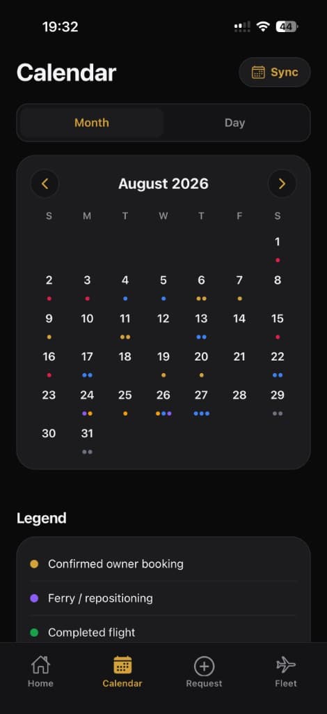 Aerio Owner app calendar: a colour-coded month view with a legend for owner bookings, ferries, charters and maintenance