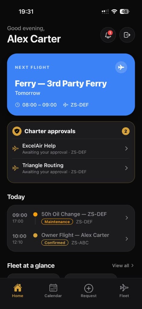 Aerio Owner app home screen: next flight, charter approvals awaiting sign-off, and today's schedule