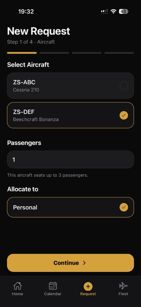 Aerio Owner app flight request: step one of four, selecting the aircraft, passengers and cost allocation