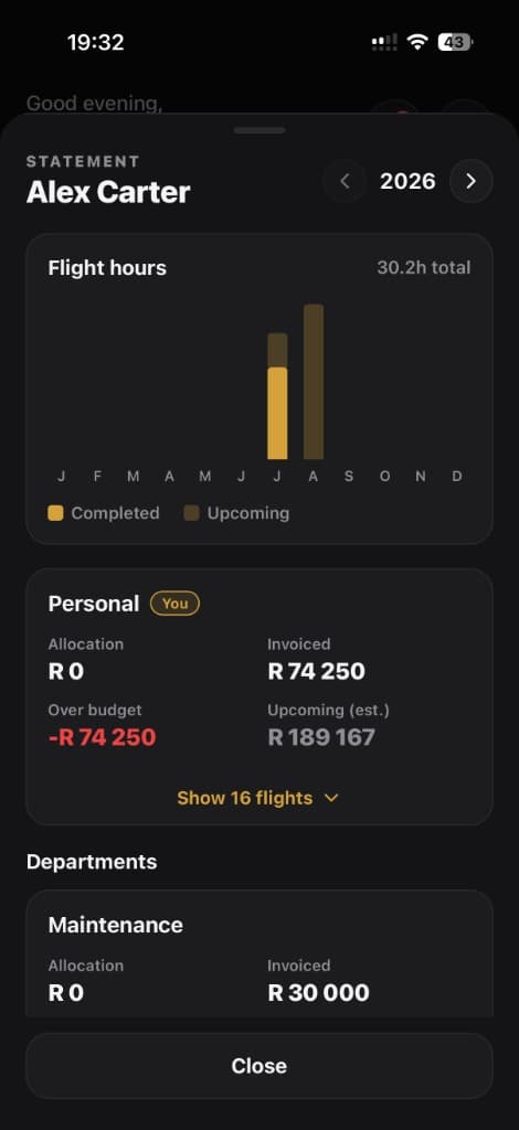 Aerio Owner app statement: flight hours by month with allocation, invoiced and remaining balances per department