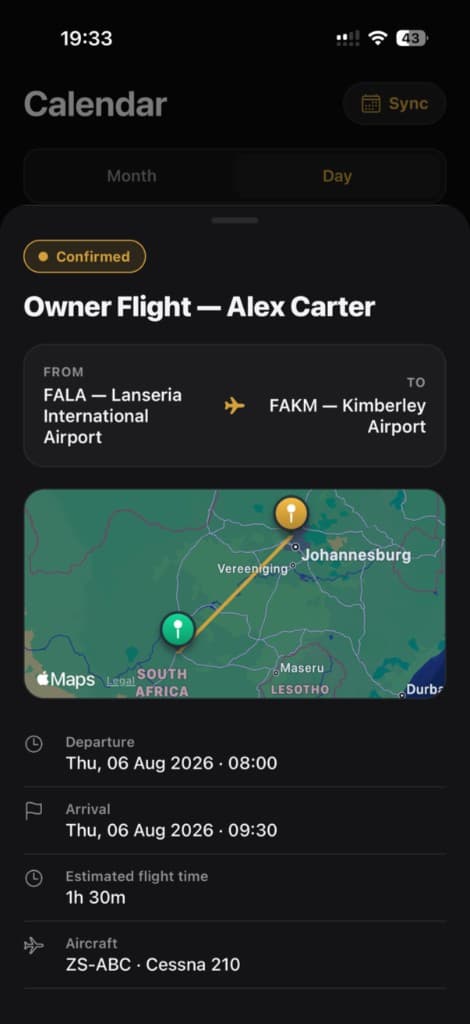Aerio Owner app trip detail: a mapped route from Lanseria to Kimberley with departure, arrival and aircraft
